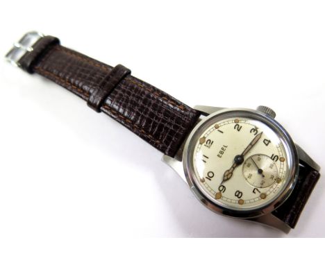 Ebel stainless steel military wristwatch, the dial having arabic numerals, bordered by a minute track, subsidiary second dial