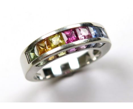 9ct White Gold multi colour stone channel set Ring size M weight 4.4 grams 