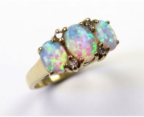 9ct Gold Ring set with 3 green/blue Opals and Diamonds size P weight 4.1 grams