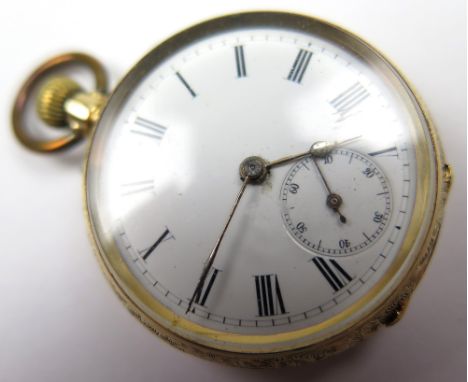 18ct gold Ladies Fob Watch, white enamel dial with Black Arabic numerals and subsidiary seconds dial set at six o`clock. appr