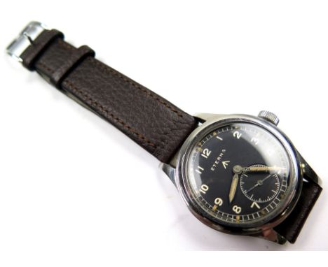 Eterna military stainless steel wristwatch, the black dial having white arabic numerals, surrounded by a minute track, subsid