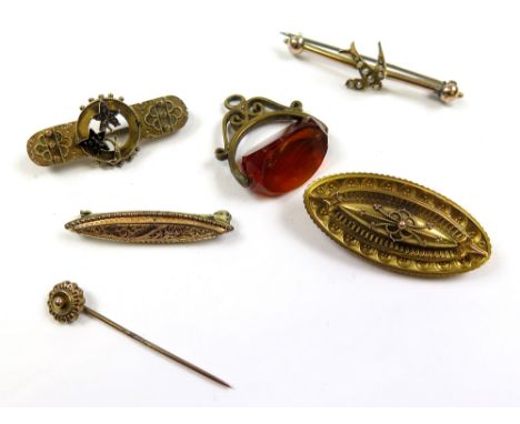 Four Gold Bar Brooches (1 with pin missing) a stick pin and base Metal Swivel, gold weight 12.6 grams