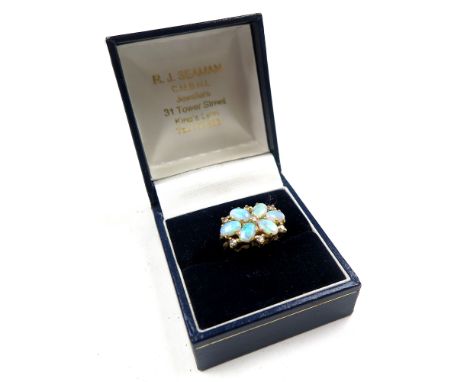 9ct Gold Ring set floral style with 6 opals size P weight 5.1 grams 