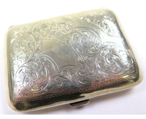 George V silver cigarette case of curved rectangular form engraved with scrolling foliage by Henry Williamson Ltd, Birmingham