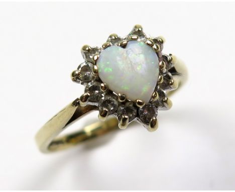 9ct Gold Ring set with Heart shaped Opal with CZ surround size M weight 2.3 grams