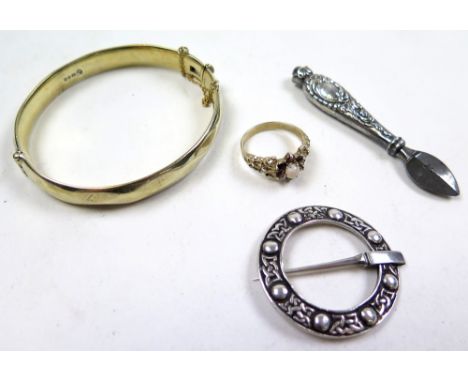 Lot of Silver Items: Stone set Ring, Bangle, Brooch and Knife approx 2 oz