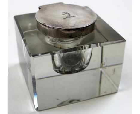 Silver topped glass inkwell with glass liner, hallmarked 'Birmingham 1912', lid engraved with a llama head, silver top detach