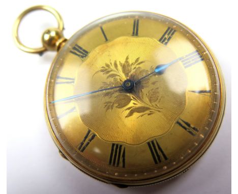 Gents 18ct gold open face pocket watch, hallmarked Chester 1867, the gilt engine turned and foliage engraved dial with Roman 