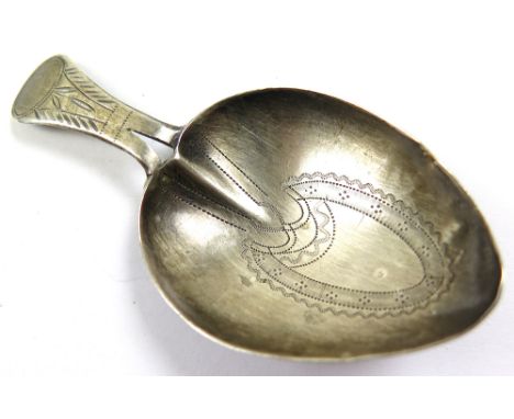 George III silver hallmarked caddy spoon. Hallmarks read "IT (rubbed for Joseph Taylor) Birmingham 1807.