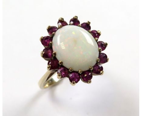 9ct Gold Opal and Ruby Ring size N weight 4.3 grams