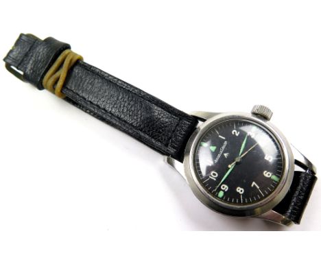 Jaeger-LeCoultre R.A.F. wristwatch, circa 1948, the circular black dial with Arabic numerals and luminous hands, rear of case