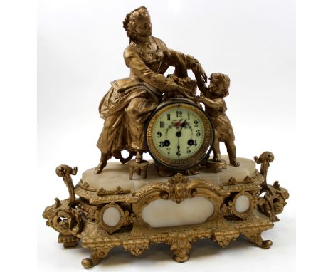 Large gilt metal and faux marble clock, depicting a mother and child, floral dial, possibly early 20th Century, Height 39cm, 