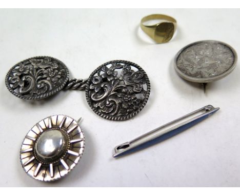 Lot of Silver/White metal items: 2 brooches,enamelled Brooch, Ring and Cloak Chain approx 1.5 oz