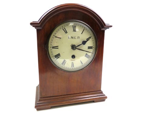 Large mahogany railway clock with L.N.E.R and no. '7962' to dial, circa early 20th Century, comes with the key, Height 36cm, 