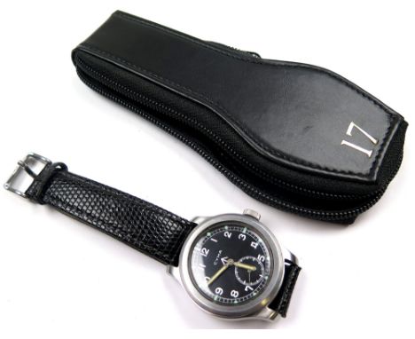 Cyma military stainless steel wristwatch, the black dial having white arabic numerals, surrounded by a minute track, subsidia