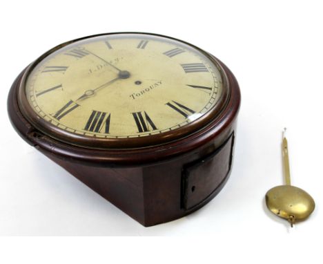 Large mahogany post office clock with 'J. Davy, Torquay' to face, circa early 20th century, diameter 36cm, depth 16cm approx.