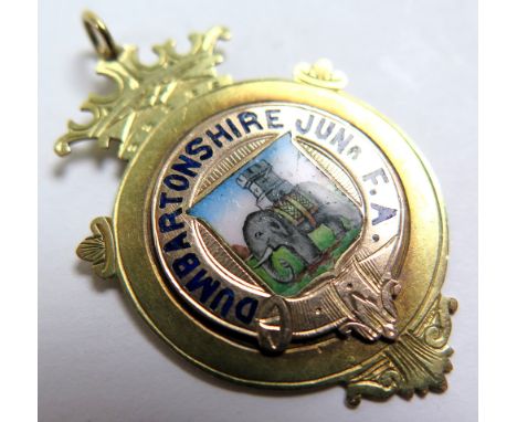 9ct Gold Enamelled Fob Dumbartonshire (sic) Junr. F.A. Reverse Finalists Kirkintilloch Harp Jas. Black 1911-12
