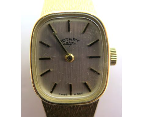 Boxed 9ct gold ladies Rotary wristwatch on gold bracelet, approx 28.4g with original purchase reciept