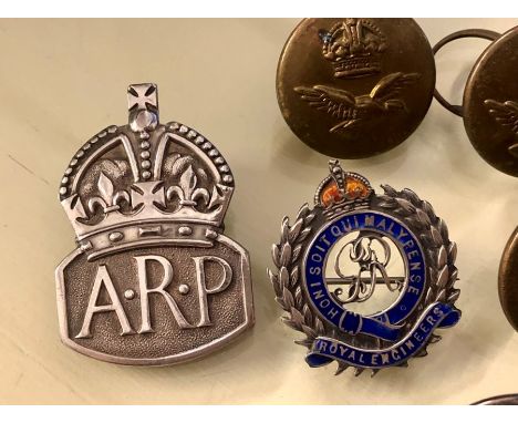Royal Engineers Silver and Enamelled Brooch , Silver ARP Badge , ARP Button and various buttons