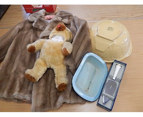mixed lot to of faux fur coat, gripstand bowl, enamel dish and cake slice