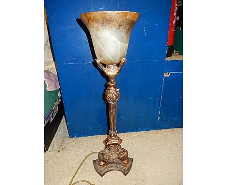 Brass lamp with glass uplighter shade 65cm tall