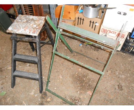 Vintage folding metal trestle and Small Vintage wooden steps sold as a display decorative item