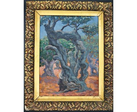 Impressionist style oil on board landscape depicting olive groves 7.5" x 10" in gilt frame signed bottom right R Pauyol? some