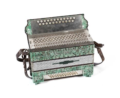 A vintage Stradella chromatic accordion in green pearloid case, inscribed 'Stradella Cooperatia G'Armonica Italia De Luxe', c