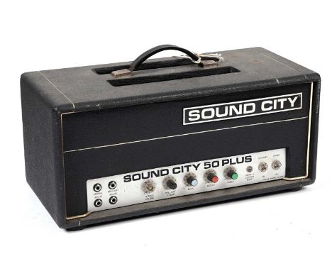 A vintage Sound City 50 Plus valve amplifier, with two normal and two brilliant inputs, black Tolex cover.