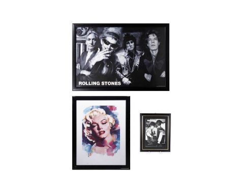 Two framed Rolling Stones related posters; together with a Marylin Monroe framed poster. (3)