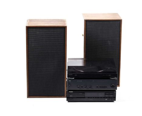 A NAD 302 stereo amplifier; a Sony PS-LX300 USB turntable; a Philips CD 610 compact-disc player; and a pair of home-made spea