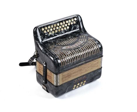 A Hohner Club IIB Victoria diatonic button accordion, tuned to A/D, in grey pearloid plastic finish, fitted hard case.