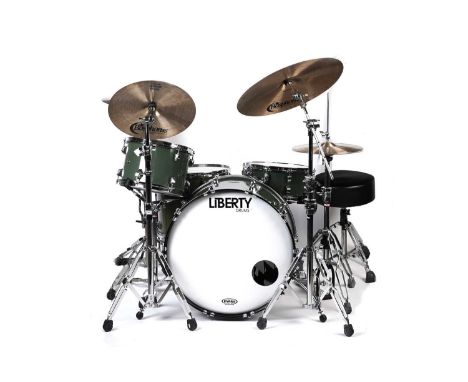 A Liberty Custom drum kit, with bass kick drum, floor tom, tom, snare, and Bosphorus traditional series hi-hat and three cymb