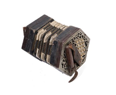 A 32-button Anglo system concertina, with fret-cut nickel ends and bone buttons, in need of restoration.
