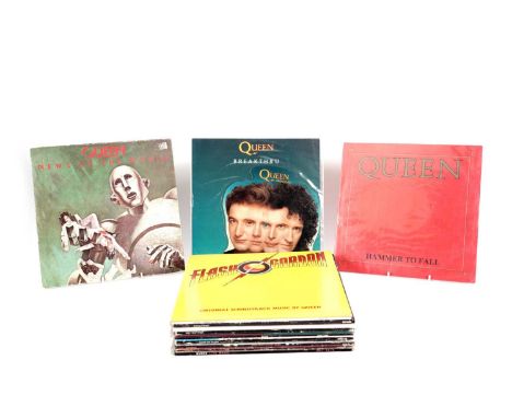 Queen LPs, 12" singles and 7" singles, to include: Queen; Queen II; A Night at the Opera; A Day at the Races; Breakthru shape