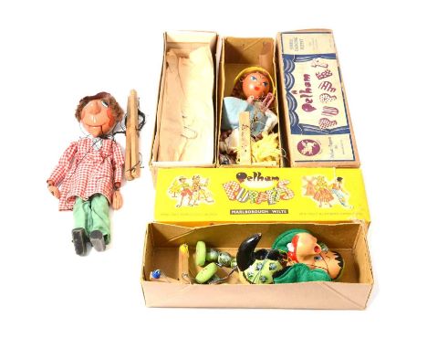 The Lightweight Pelham Puppet Theatre, boxed; and five Pelham puppets including SM range farmer puppet, all boxed.Condition r