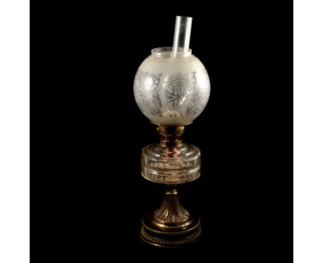 Edwardian oil lamp, etched shade and clear chimney, clear cut glass reservoir, metal and pottery base (a.f.), height 58cm.Con