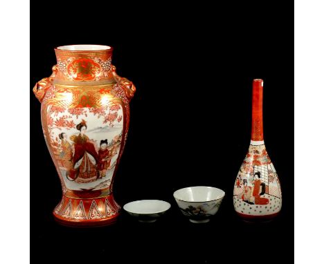 Large Japanese Kutani-style vase, 37cm, similar bottle, Japanese gourd vase, rice bowl and cover, and pottery and a Satsuma p