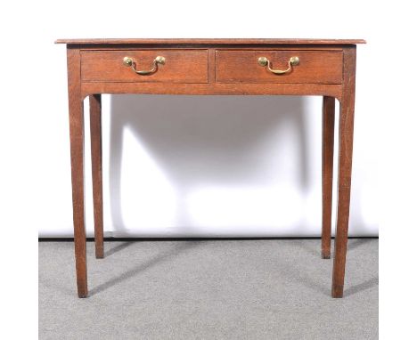 George III oak side table, rectangular top, two drawers, square tapering legs, width 86cm, depth 48cm, height 76cm.Condition 