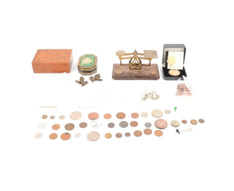 A set of stamp scales; silver proof coin with rubies; GEorge III cartwheel pennies; other coins; black lacquered box etc.