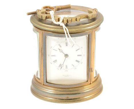 French brass case repeating carriage clock, of oval section, white enamelled dial, signed Henry Brighton, platform escapement