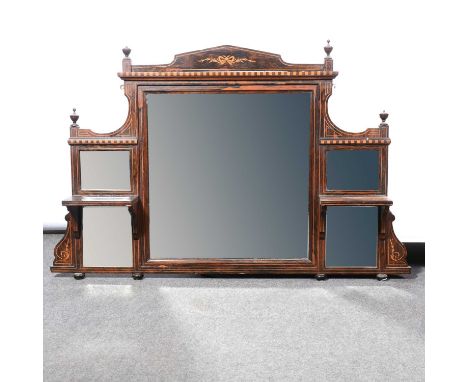 Late Victorian rosewood and marquetry overmantel mirror, architectural pediment with turned finials and a bevelled glass, 79c