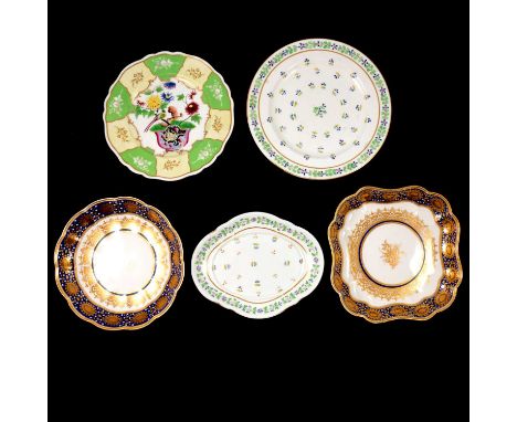Collection of Derby dessert dishes and plates; pair of Worcester ivory glazed factory blanks; pair of Chamberlain's Worcester