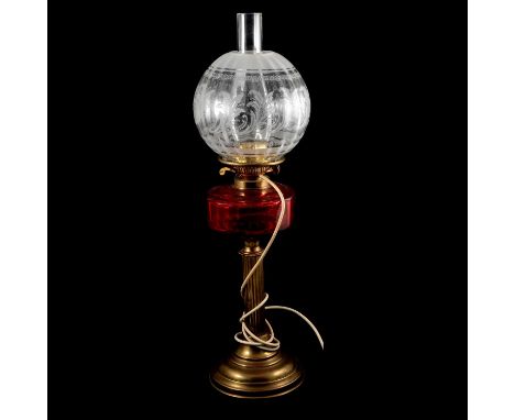 Victorian ruby reservoir oil lamp, brass column, etched shade, heith to chimney 65cm, converted to electricity, and two hangi