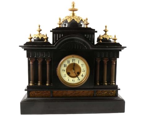 Victorian slate mantel clock, architectural form with gilt brass mounts, circular dial, cylinder movement, striking on a gong