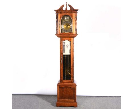 Reproduction stained wood longcase clock, arched brass dial signed Emperor, German striking three-train movement, height 190c