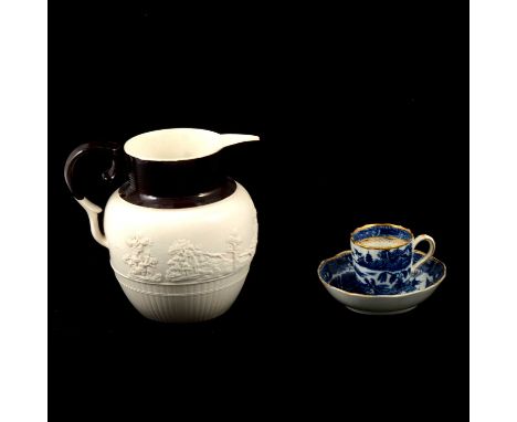 Caughley blue and white coffee can and saucer; Castleford type salt glazed stoneware jug; moulded decoration of hunting incid
