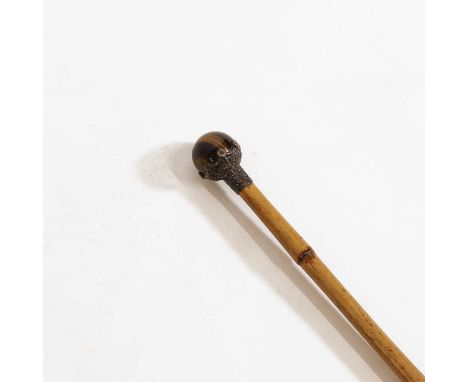 A bamboo walking stick, with a cylindrical tiger's eye handle in a silver mount,London 1879,87cm longCondition Reportminor we
