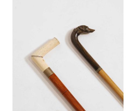 A sword stick, with damascene decoration, a turned bone handle and a brassed-metal collar and ferrule,91cm long, andanother s
