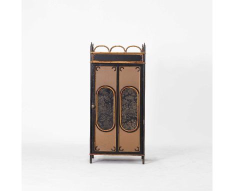 A bamboo and lacquered single door cabinet, 20th century, the doors fitted with oval chinoiserie panels, 45cm wide32cm deep10